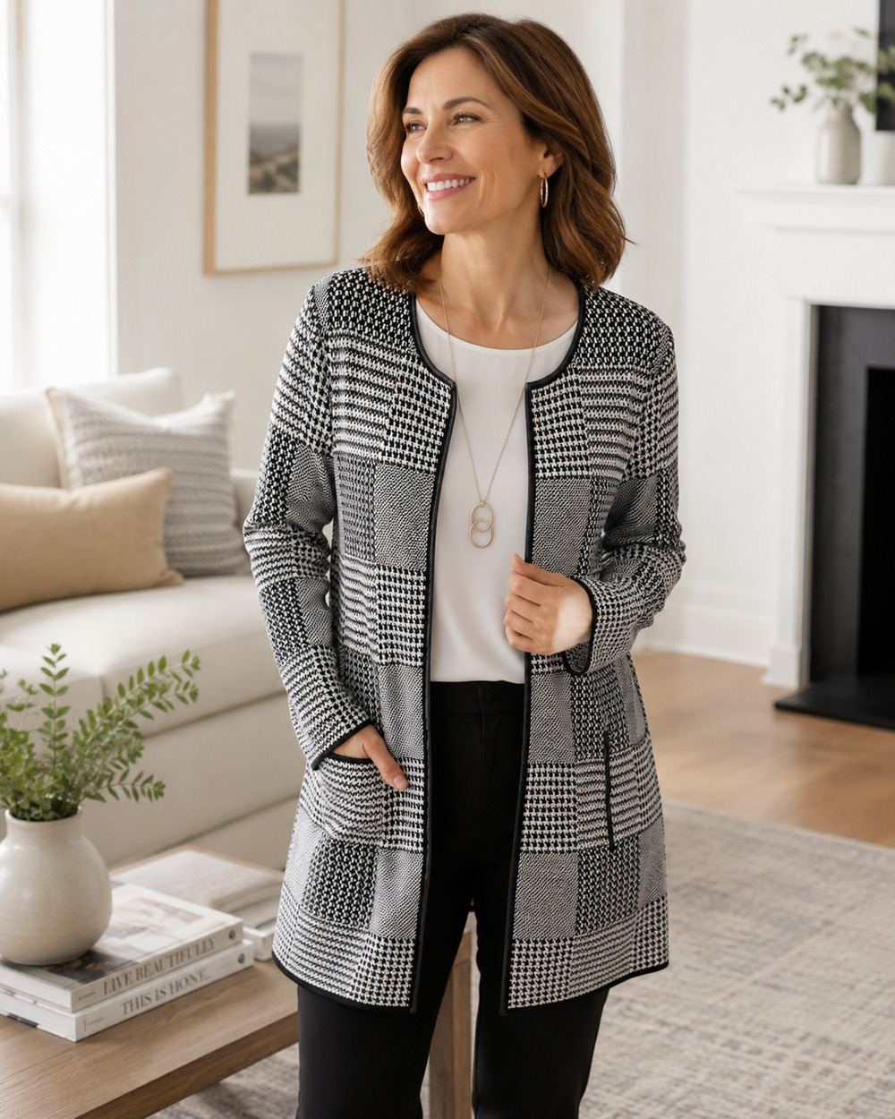 Talbots Black White Patchwork Knit Open Front Cardigan Faux Trim size Medium